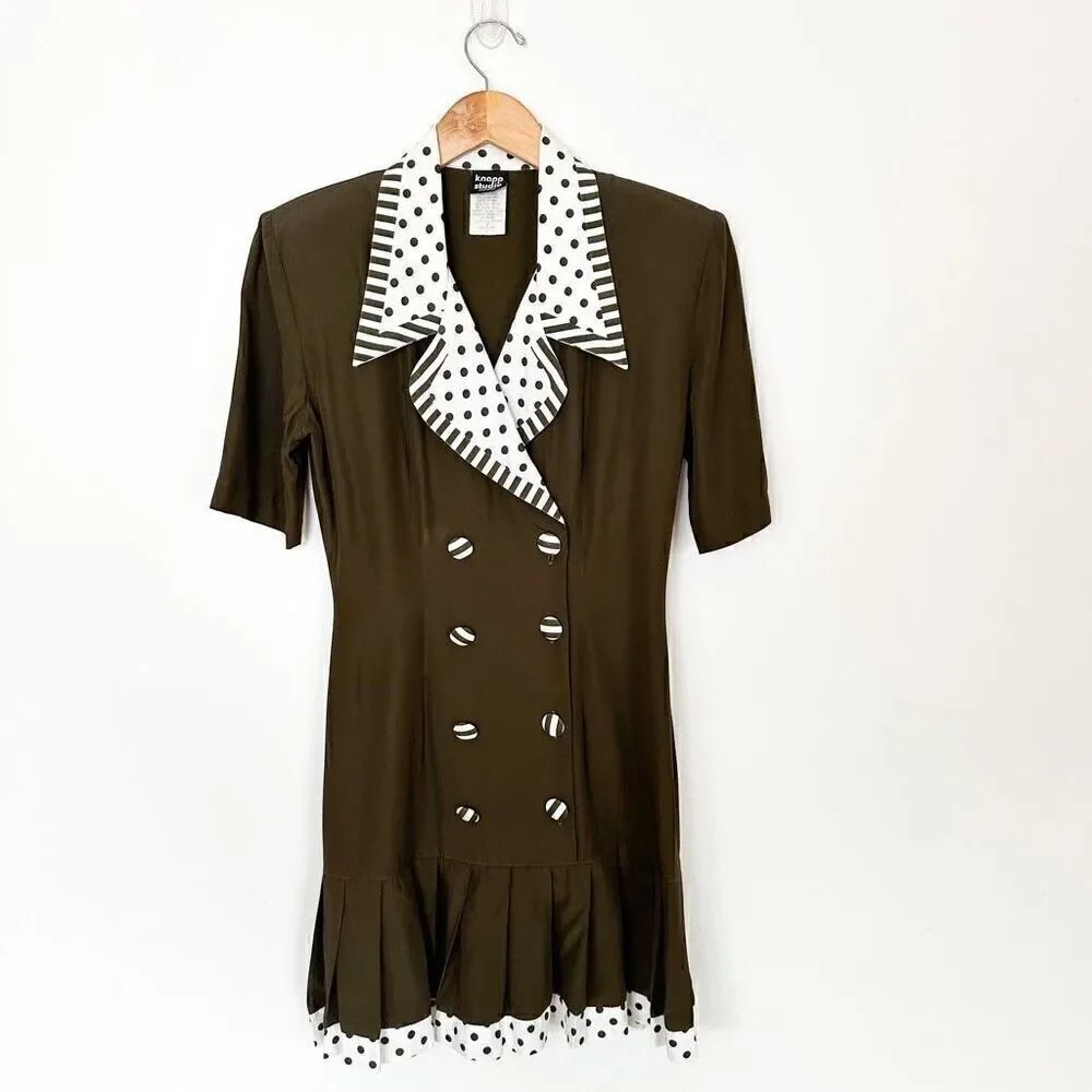 Knapp Studio Vintage Mod 1970s Women’s Olive Double Breasted Polka Dot Contrasti